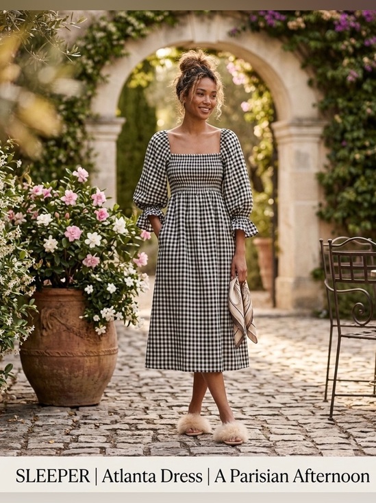 Sleeper Dresses & Skirts - SLEEPER /Atlanta Smocked Gingham Midi Dress Puff Sleeves - Sz L - NWT